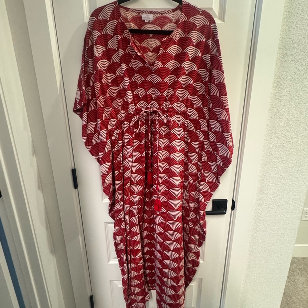 Designer Pax Philomena La Scala Red Kaftan Maxi Dress | Block Print Cotton OS